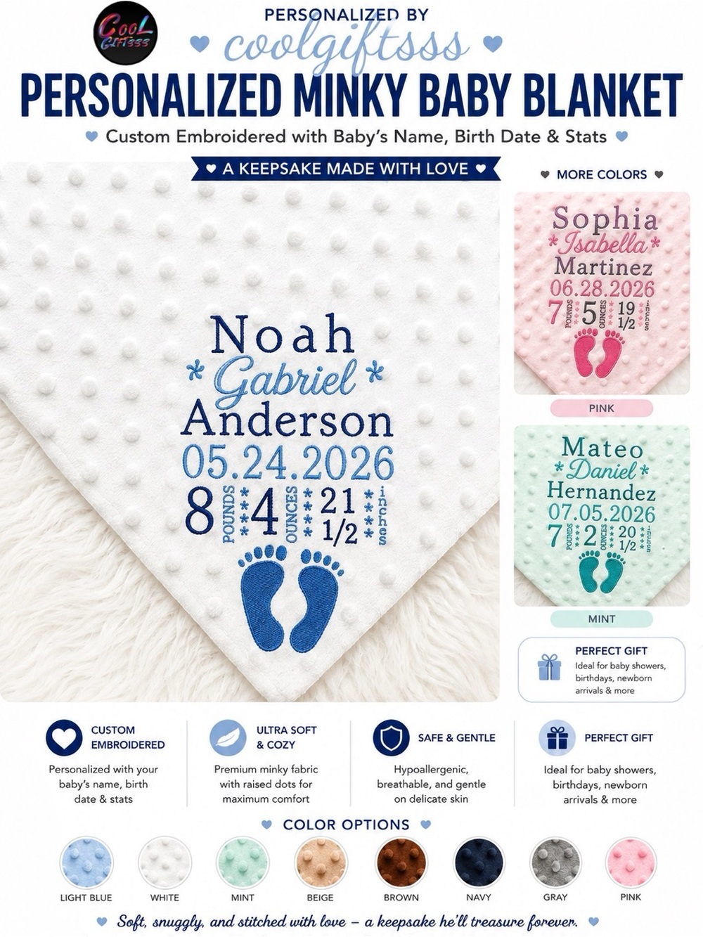 Personalized blue Minky Baby Blanket - Custom Embroidered Name new made to orde
